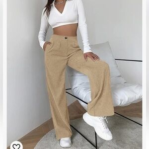 Highrise Wide Leg Ribbed Pleats Beige Pants